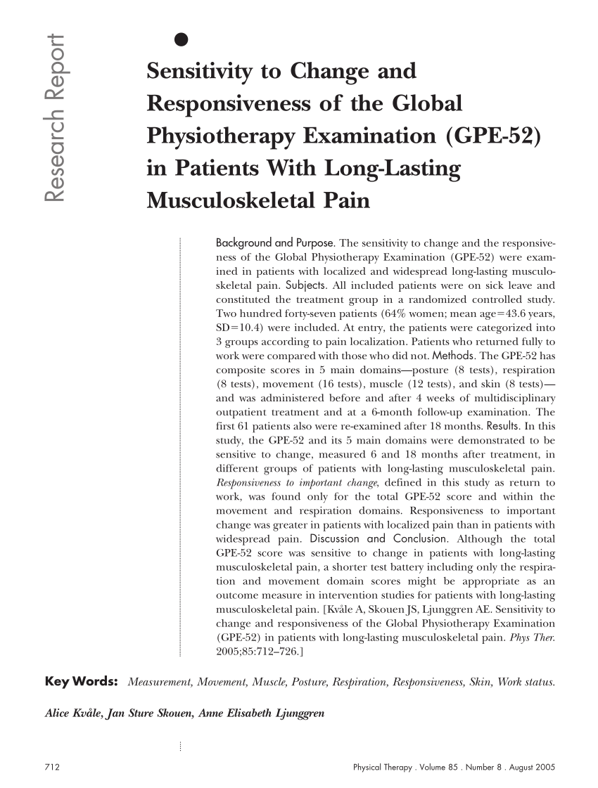 Pdf Sensitivity To Change And Responsiveness Of The Global Physiotherapy Examination Gpe 52 In Patients With Long Lasting Musculoskeletal Pain