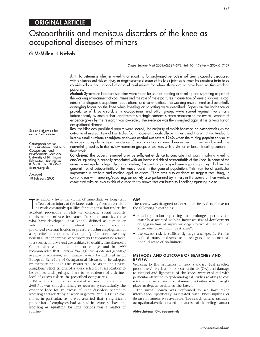 PDF Osteoarthritis and meniscus disorders of the knee as occupational diseases of miners