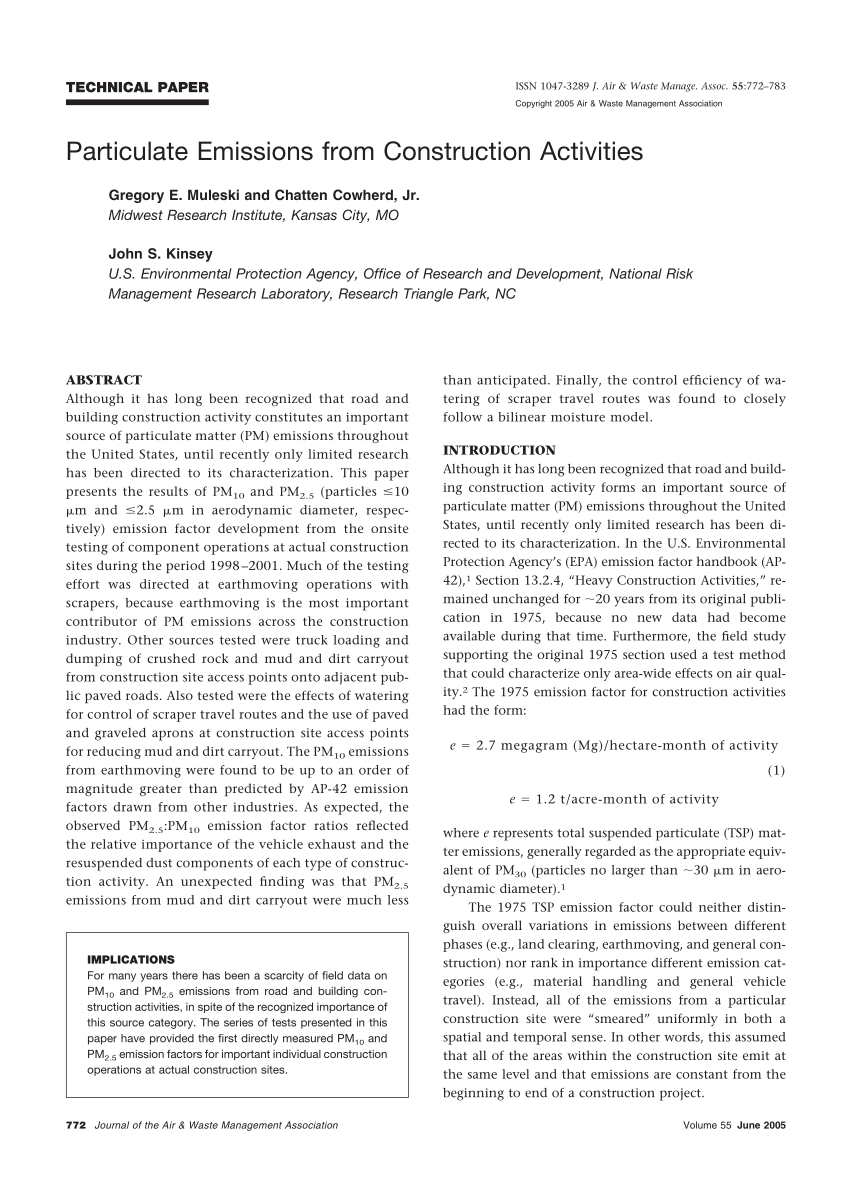 Pdf Particulate Emissions From Construction Activities