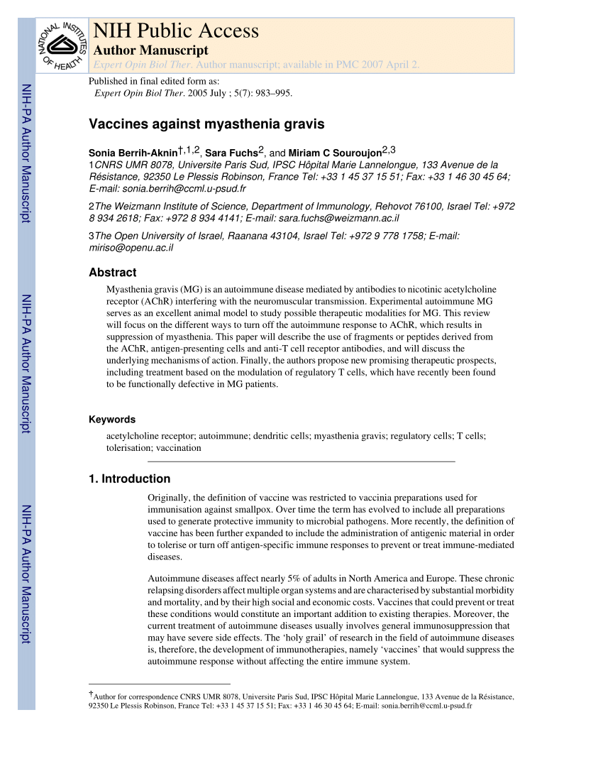 pdf) vaccines against myasthenia gravis