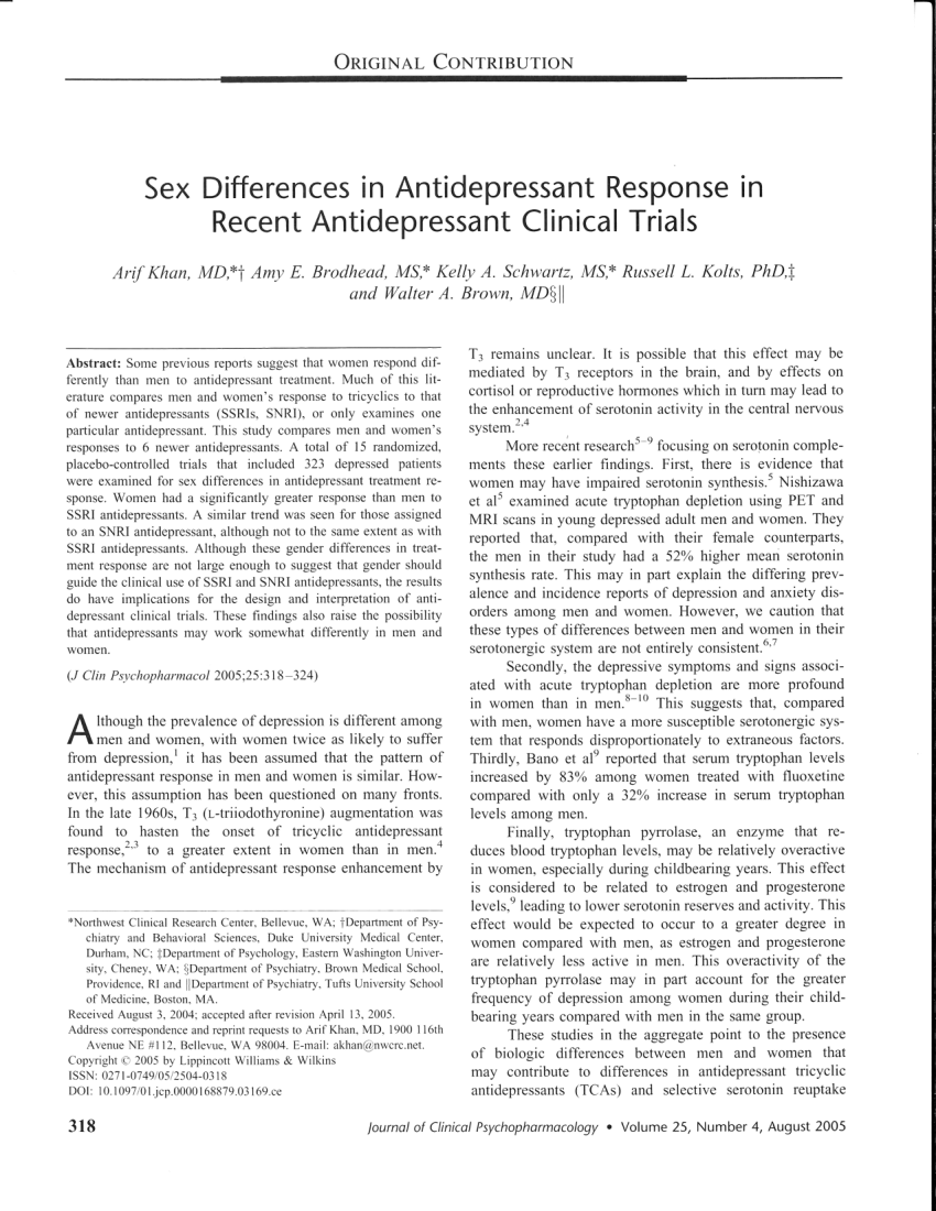 Pdf Sex Differences In Antidepressant Response In Recent Antidepressant Clinical Trials 9907