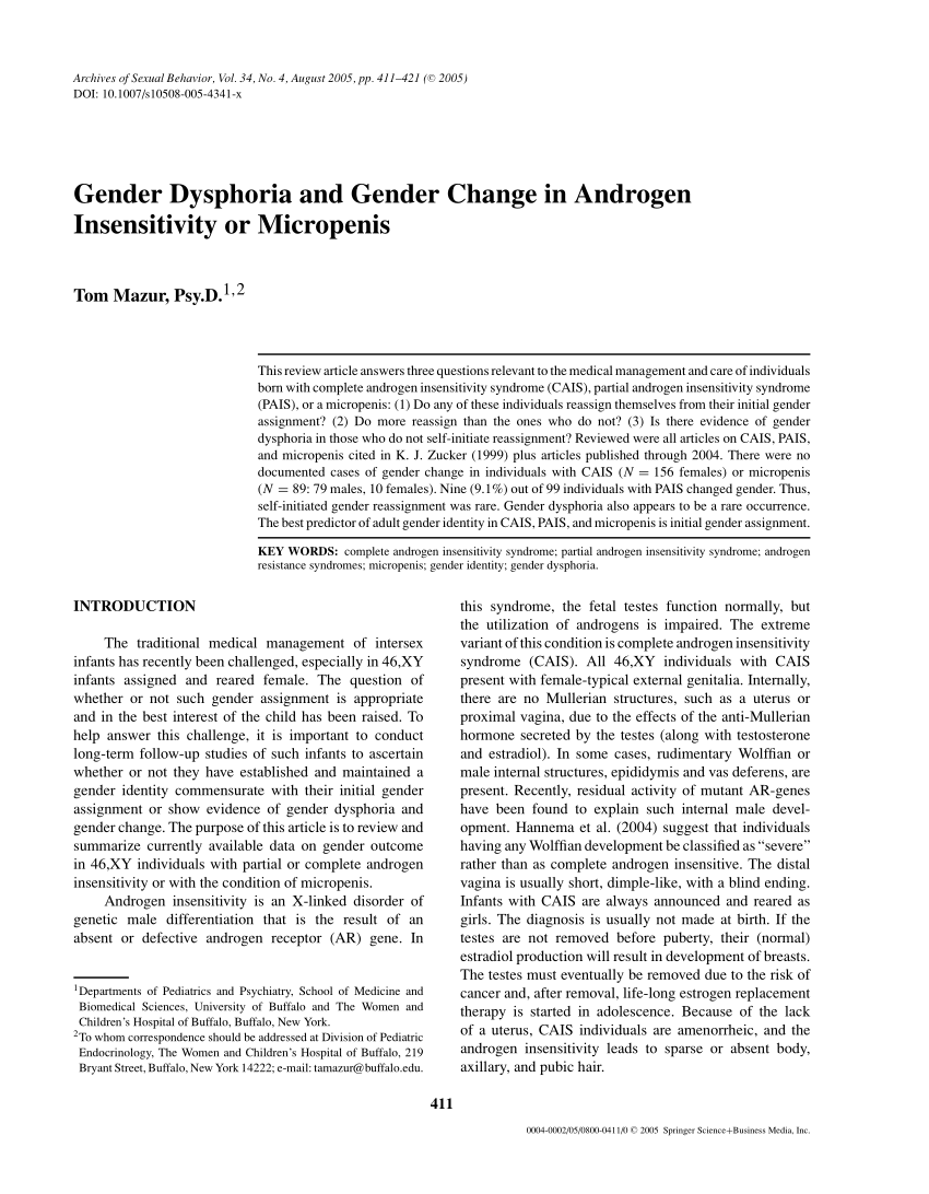 Pdf Gender Dysphoria And Gender Change In Androgen Insensitivity Or Micropenis