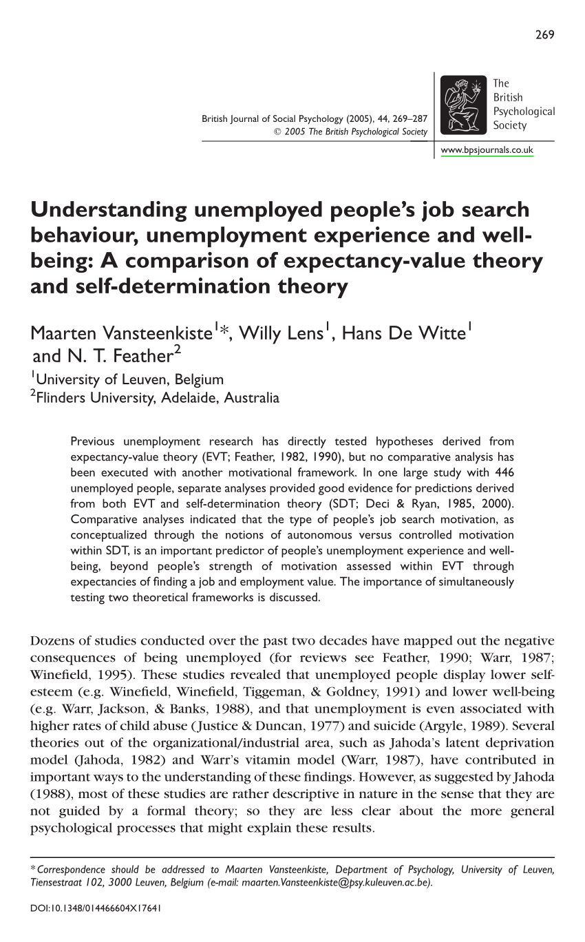 Pdf Understanding Unemployed People S Job Search Behaviour Unemployment Experience And Well Being A Comparison Of Expectancy Value Theory And Self Determination Theory