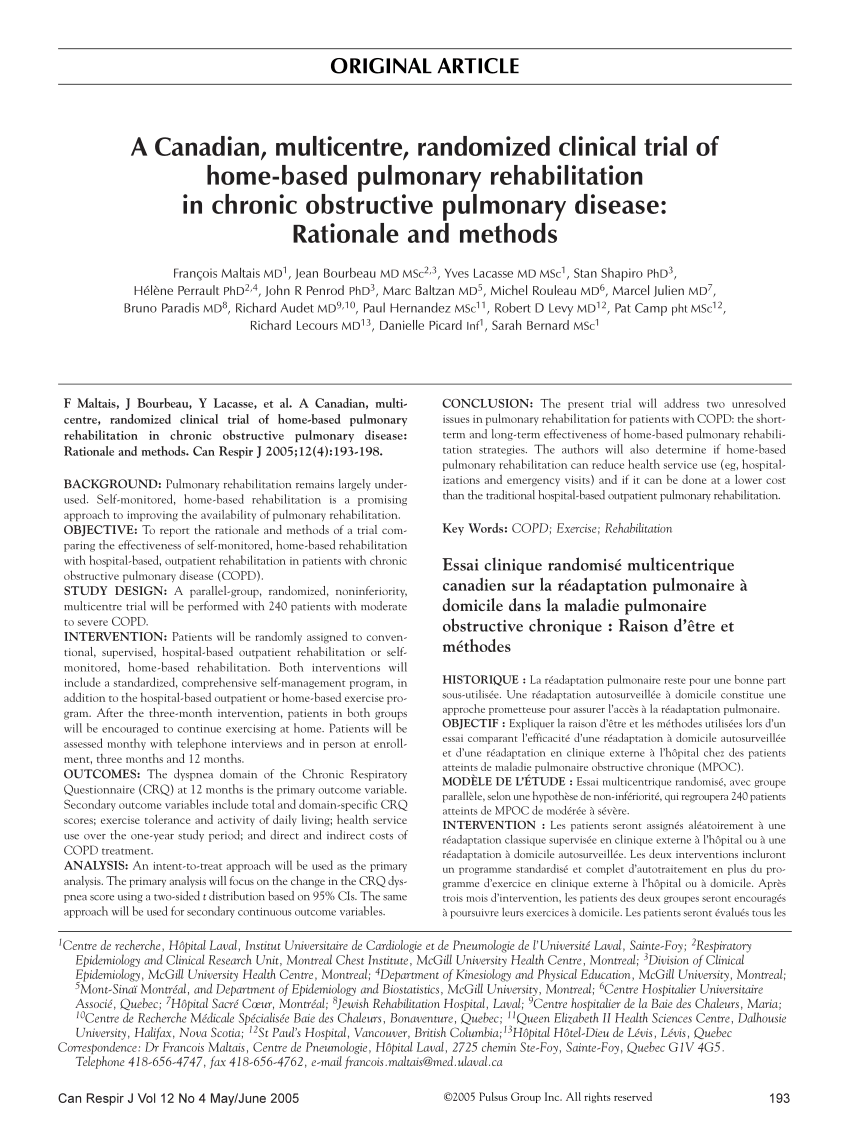 Pdf A Canadian Multicentre Randomized Clinical Trial Of Home Based Pulmonary Rehabilitation In Chronic Obstructive Pulmonary Disease Rationale And Methods
