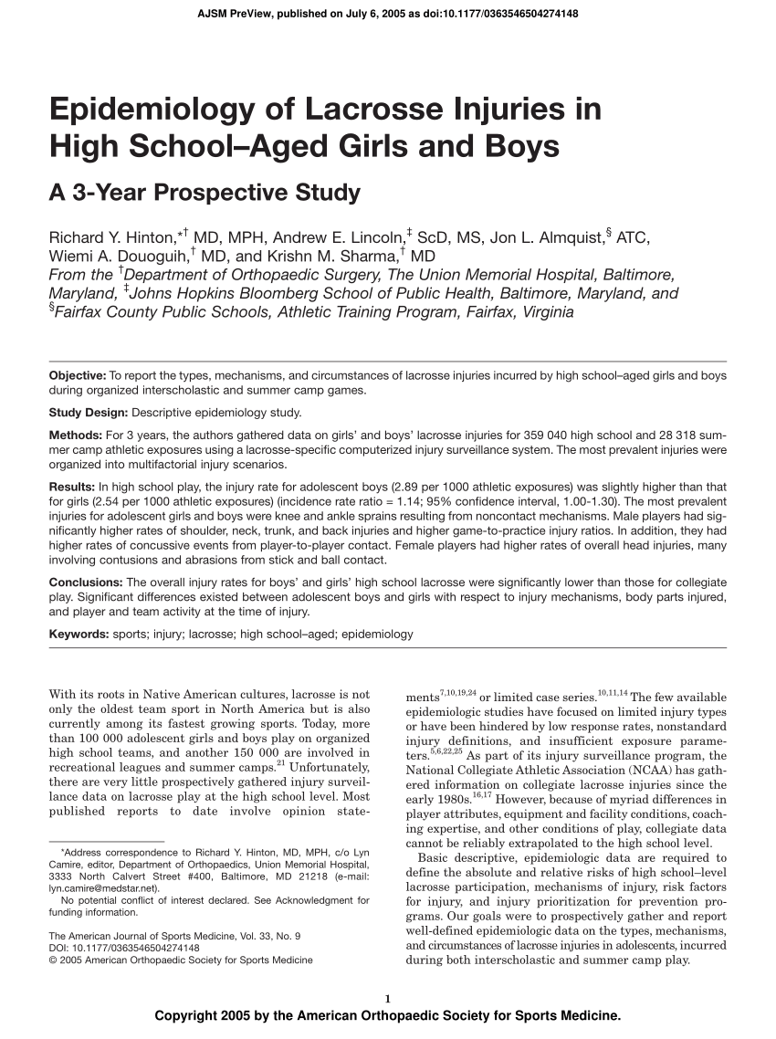 PDF) Epidemiology of Lacrosse Injuries in High School-Aged Girls