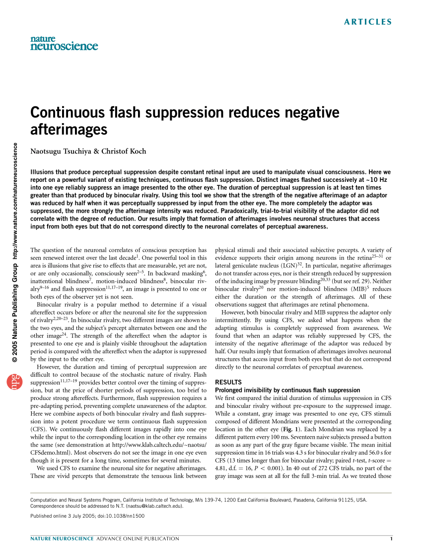 Pdf Tsuchiya N Koch C Continuous Flash Suppression Reduces Negative Afterimages Nature Neurosci 8 1096 1101