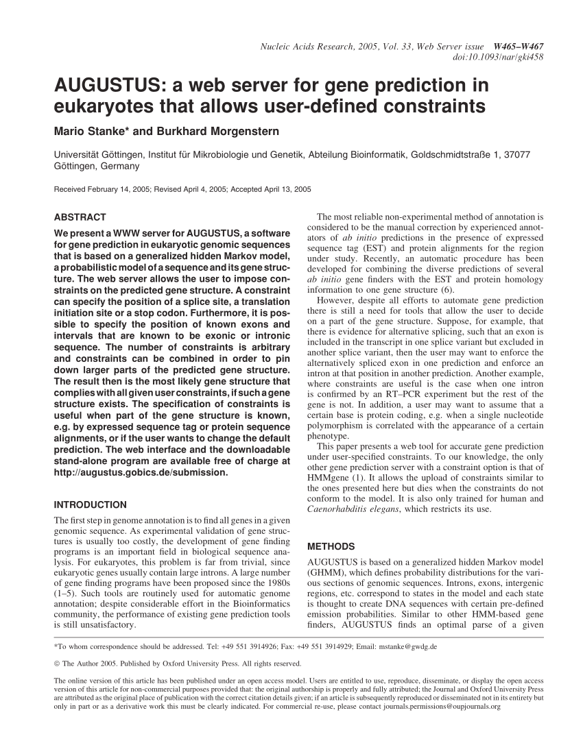 (PDF) AUGUSTUS A web server for gene prediction in eukaryotes that