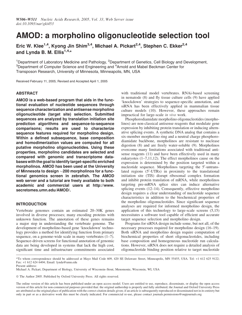 Pdf Amod A Morpholino Oligonucleotide Selection Tool