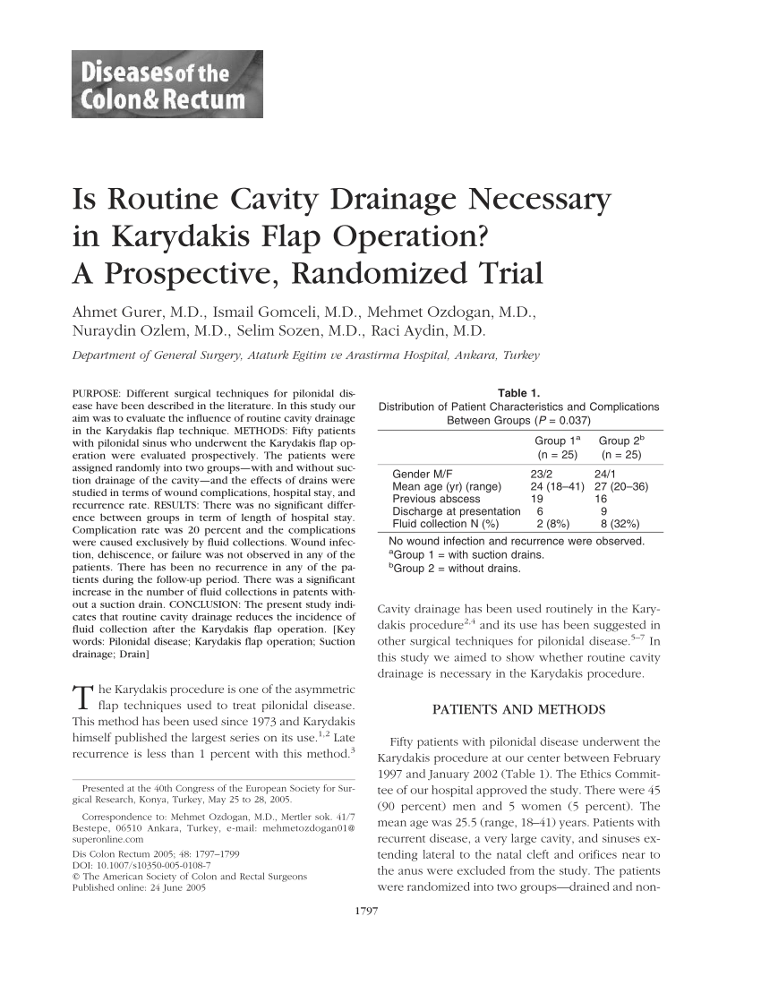 PDF) Is Routine Cavity Drainage Necessary in Karydakis Flap Operation? A  Prospective, Randomized Trial