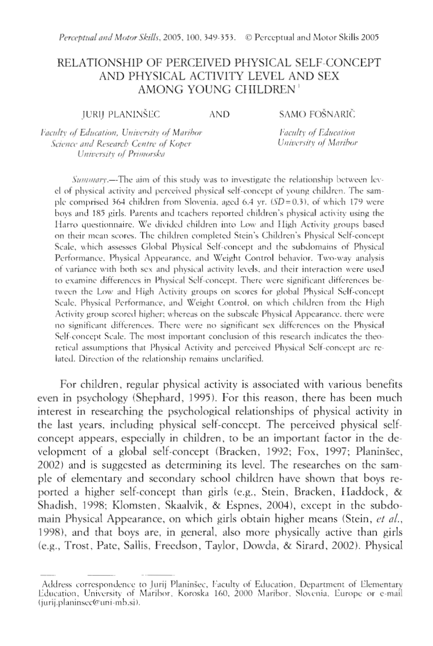 Pdf Relationship Of Perceived Physical Self Concept And Physical Activity Level And Sex Among