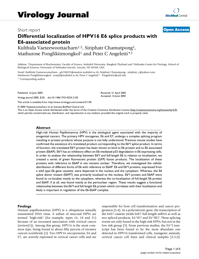 Pdf Differential Localization Of Hpv16 E6 Splice Products With E6 Associated Protein 