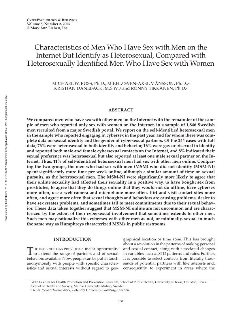 PDF) Characteristics of Men Who Have Sex with Men on the Internet But  Identify as Heterosexual, Compared with Heterosexually Identified Men Who  Have Sex with Women