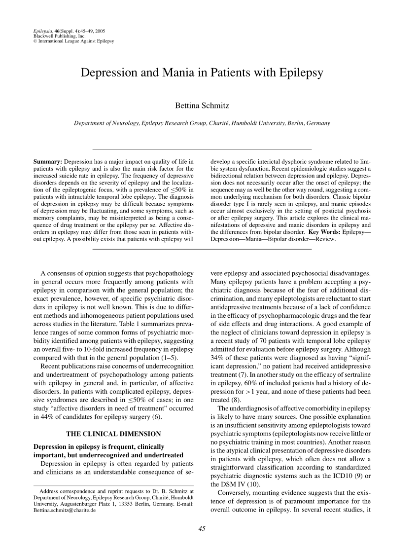 Pdf Depression And Mania In Patients With Epilepsy