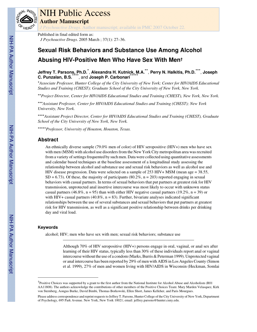 Pdf Sexual Risk Behaviors And Substance Use Among Alcohol Abusing Hiv Positive Men Who Have