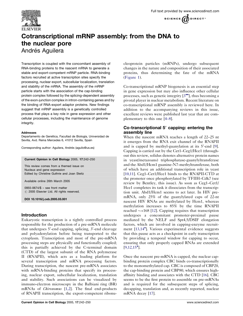 (PDF) Aguilera, A. Cotranscriptional mRNP assembly from the DNA to the