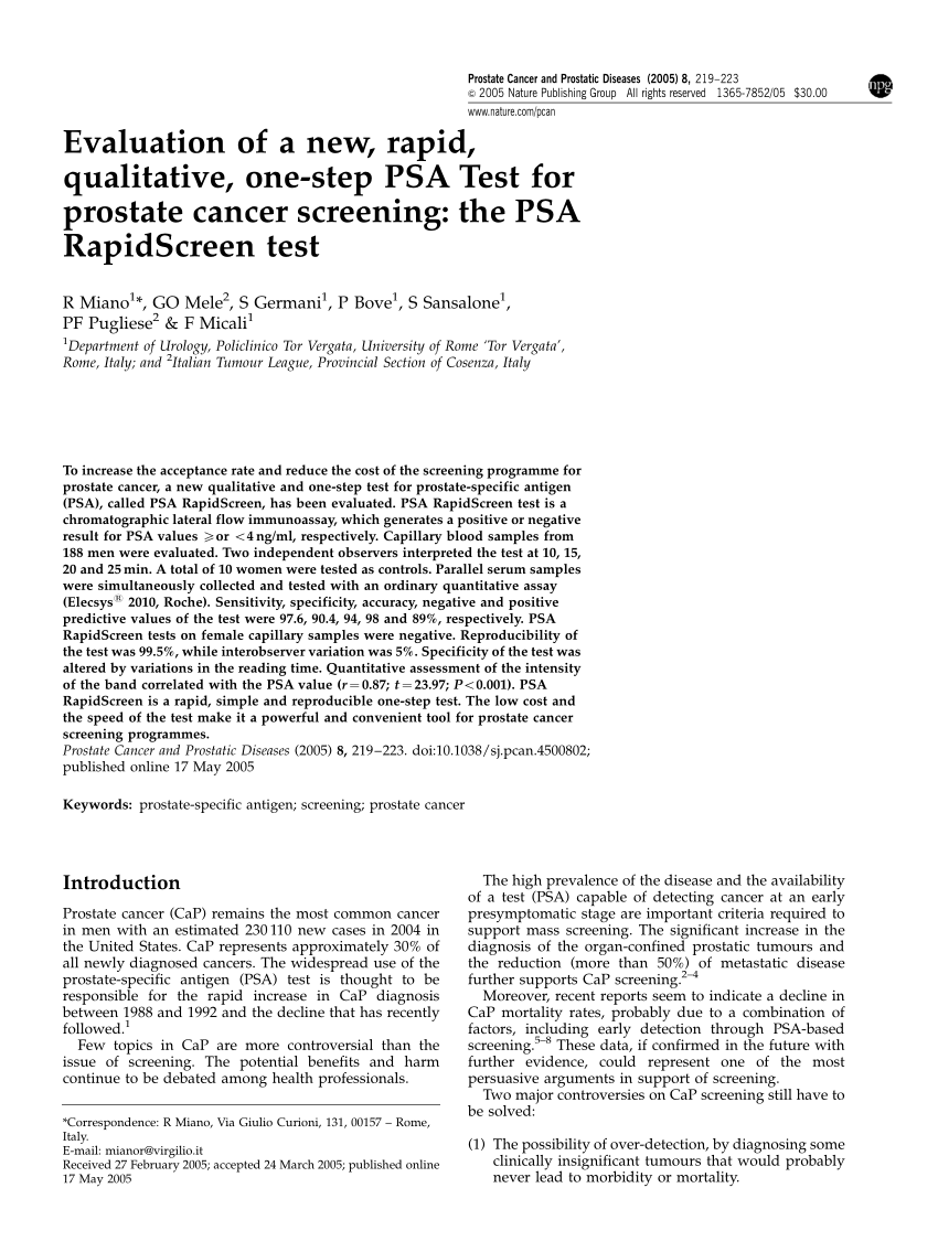 pdf) evaluation of a new, rapid, qualitative, one-step psa test for