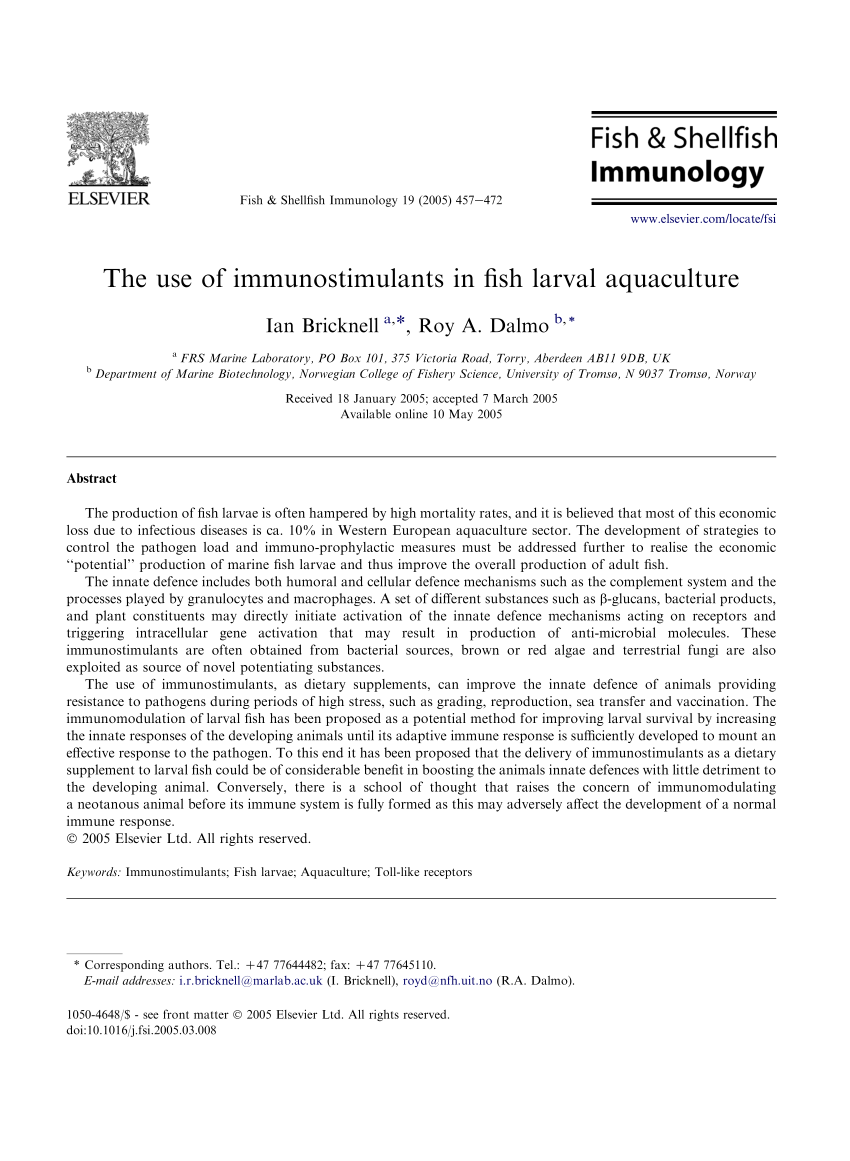 Pdf The Use Of Immunostimulants In Fish Larval Aquaculture