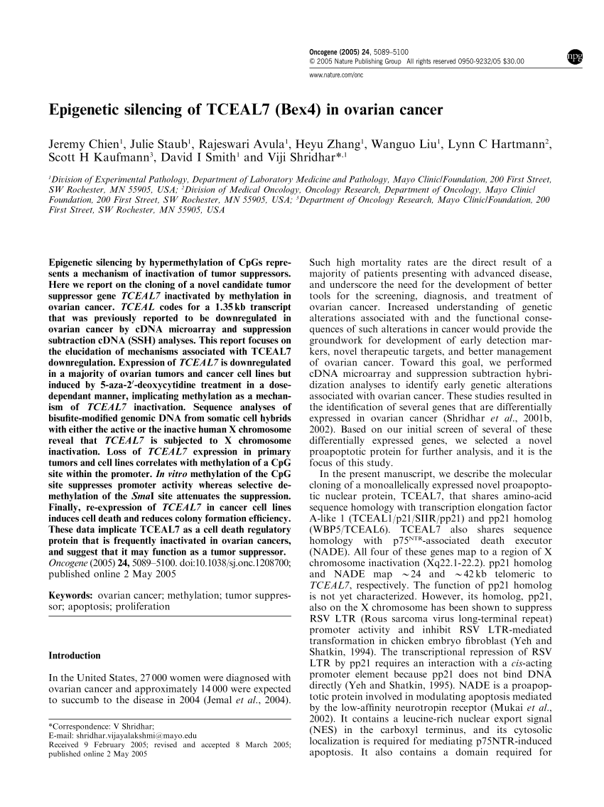 Epigenetic silencing of TCEAL7 (Bex4) in ovarian cancer