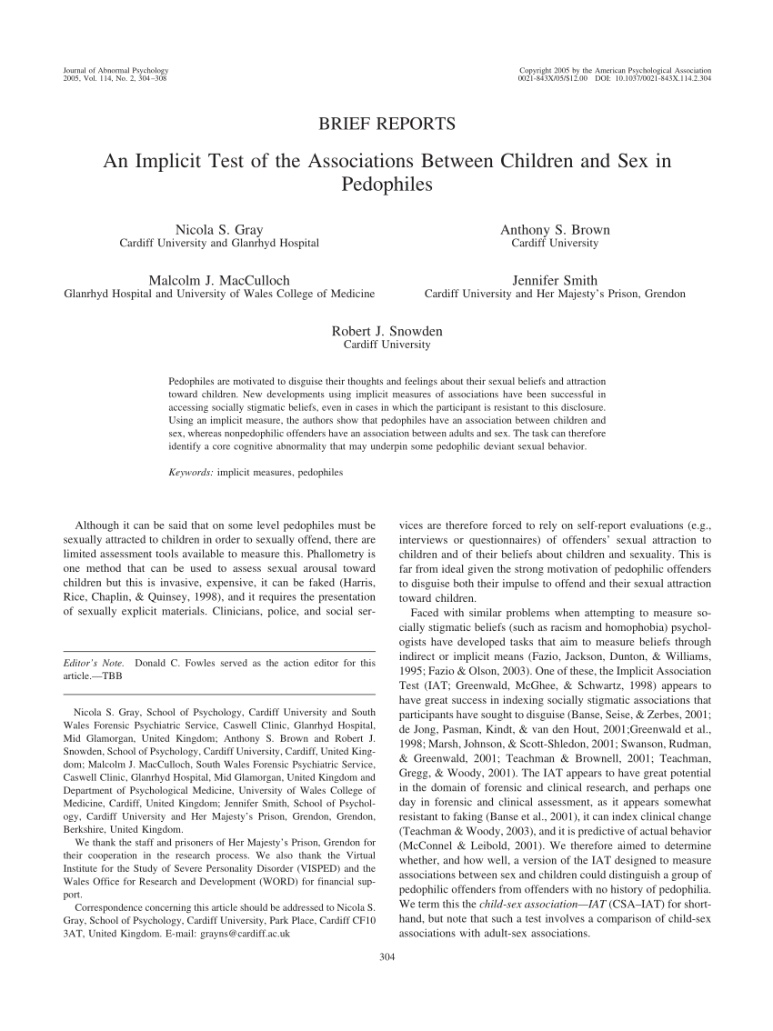 PDF) An Implicit Test of the Associations Between Children and Sex in  Pedophiles