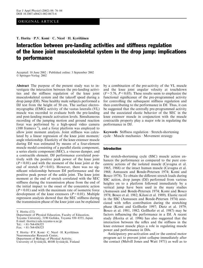 Pdf Interaction Between Pre Landing Activities And Stiffness Regulation Of The Knee Joint Musculoskeletal System In The Drop Jump Implications To Performance