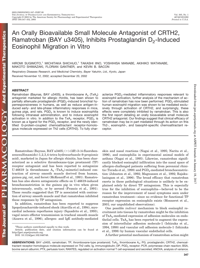 Pdf An Orally Bioavailable Small Molecule Antagonist Of Crth2 Ramatroban Bay U3405 Inhibits Prostaglandin D2 Induced Eosinophil Migration In Vitro