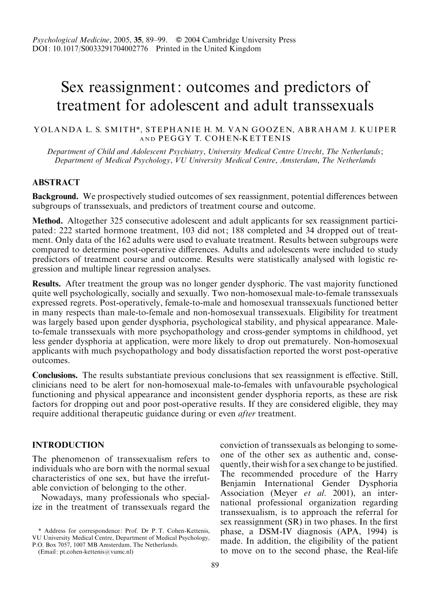 PDF) Sex reassignment: Outcomes and predictors of treatment for adolescent  and adult transsexuals