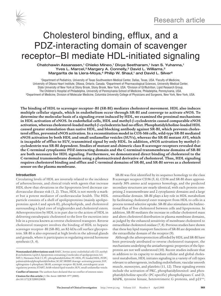 Pdf Cholesterol Binding Efflux And A Pdz Interacting Domain Of Scavenger Receptor Bi Mediate Hdl Initiated Signaling