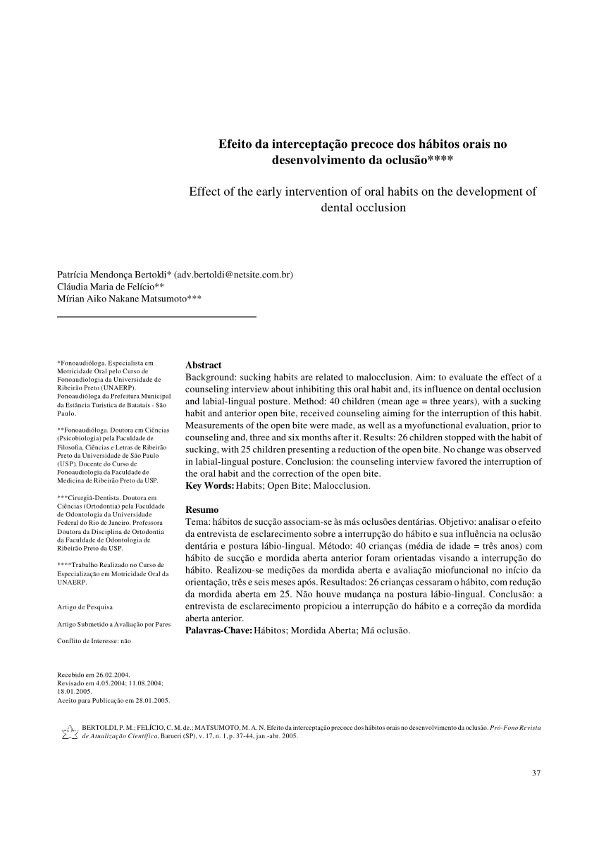 Pdf Effect Of The Early Intervention Of Oral Habits On The Development Of Dental Occlusion