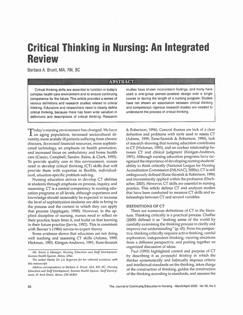 critical thinking in nursing scholarly articles