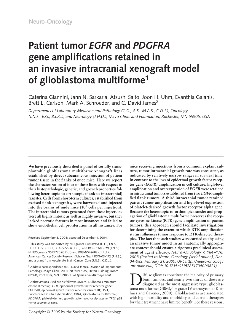 Pdf Giannini C Sarkaria Jn Saito A Uhm Jh Galanis E Carlson Bl Schroeder Ma James Cdpatient Tumor Egfr And Pdgfra Gene Amplifications Retained In An Invasive Intracranial Xenograft Model Of Glioblastoma
