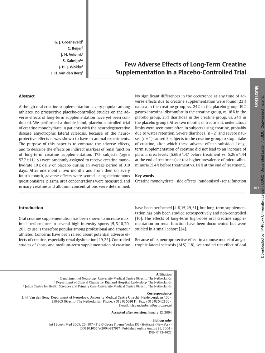 Pdf Few Adverse Effects Of Long Term Creatine Supplementation In A Placebo Controlled Trial