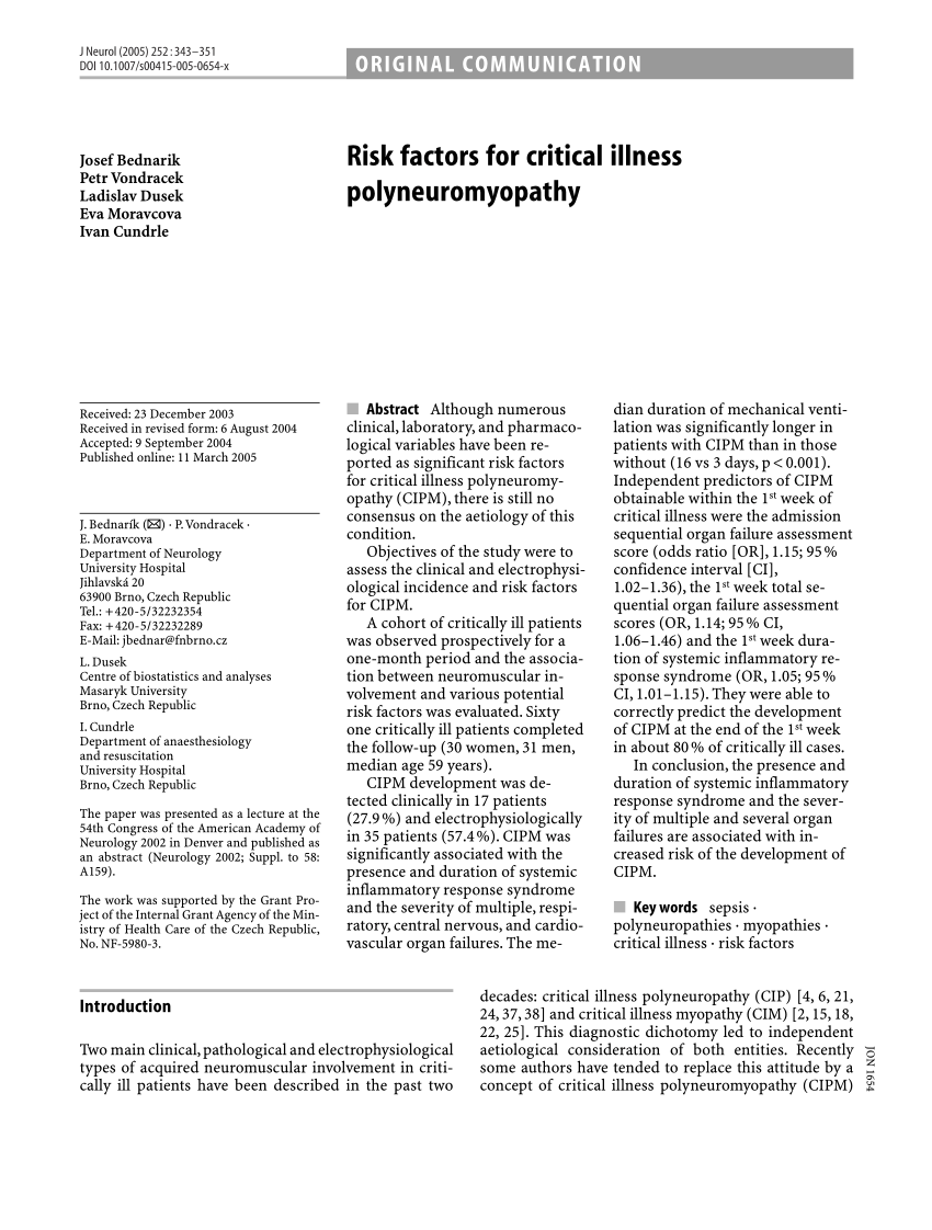 (PDF) Risk factors for critical illness polyneuromyopathy