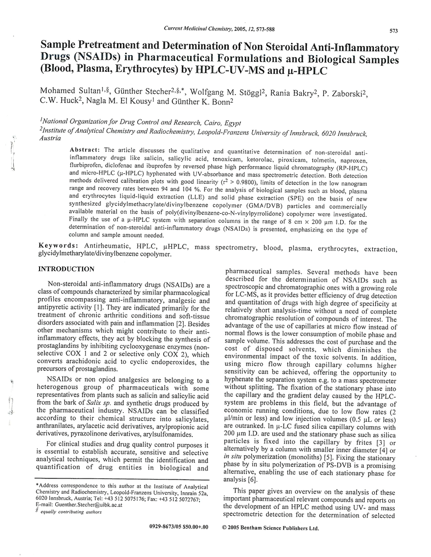 Pdf Sample Pretreatment And Determination Of Non Steroidal Anti Inflammatory Drugs Nsaids In Pharmaceutical Formulations And Biological Samples Blood Plasma Erythrocytes By Hplc Uv Ms And M Hplc