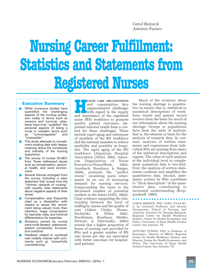 Pdf Nursing Career Fulfillment Statistics And Statements From Registered Nurses