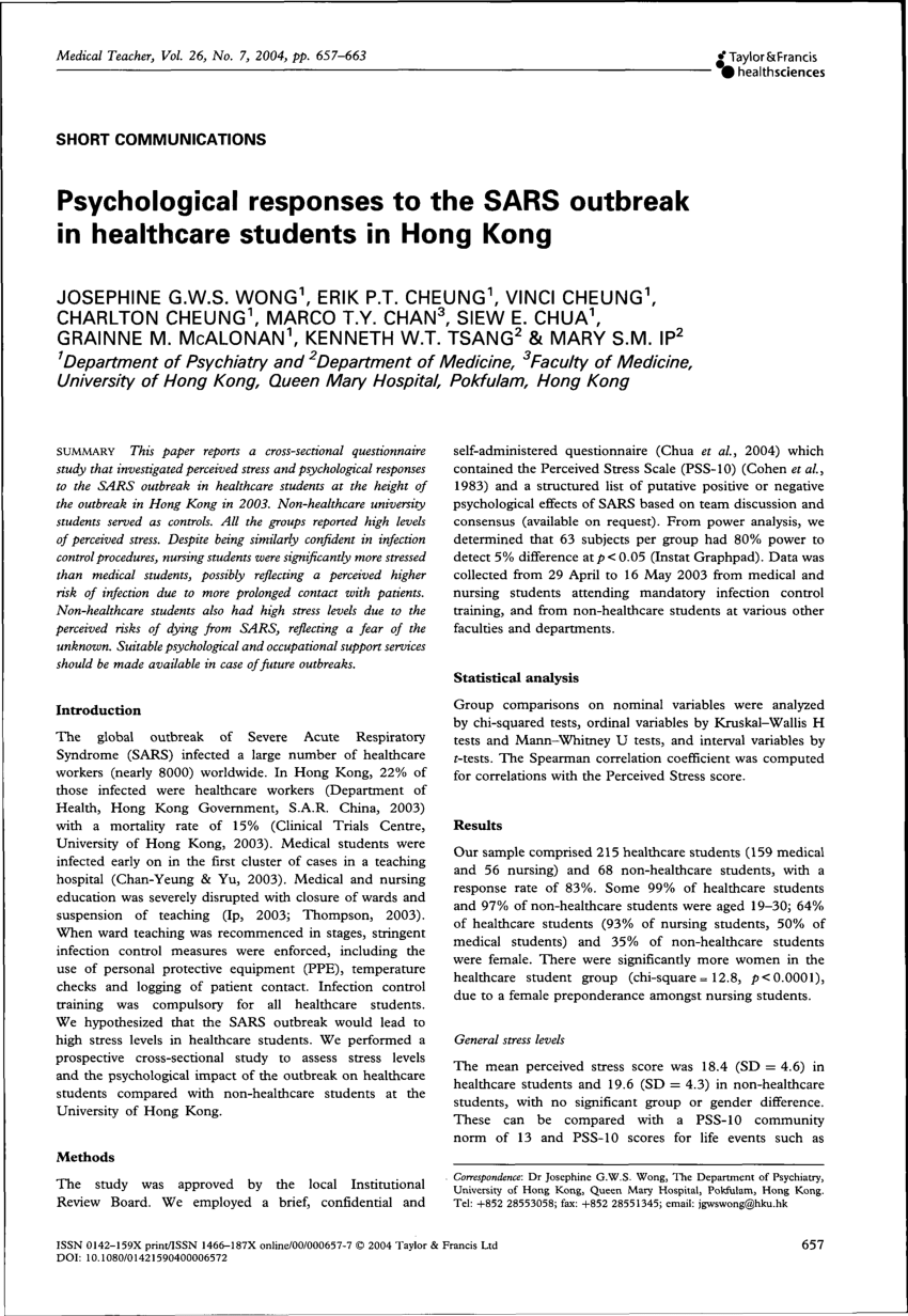 Pdf Psychological Responses To The Sars Outbreak In Healthcare Students In Hong Kong