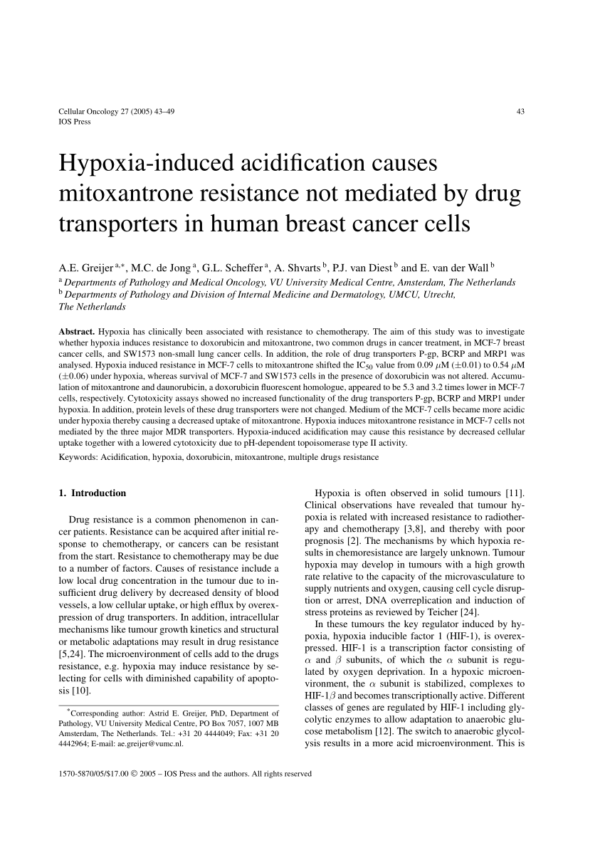 Pdf Greijer Ae De Jong Mc Scheffer Gl Shvarts A Van Diest Pj Van Der Wehypoxia Induced Acidification Causes Mitoxantrone Resistance Not Mediated By Drug Transporters In Human Breast Cancer Cells Cell Oncol