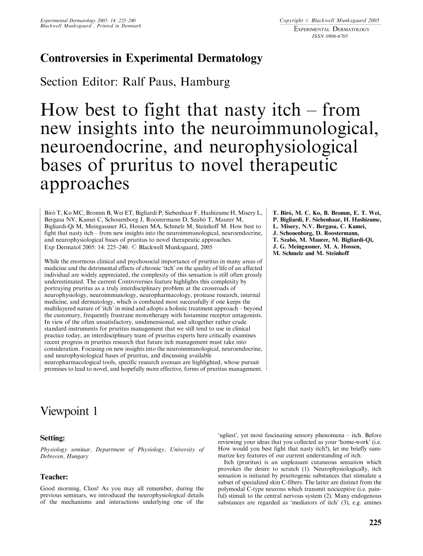 Pdf How Best To Fight That Nasty Itch From New Insights Into The Neuroimmunological Neuroendocrine And Neurophysiological Bases Of Pruritus To Novel Therapeutic Approaches