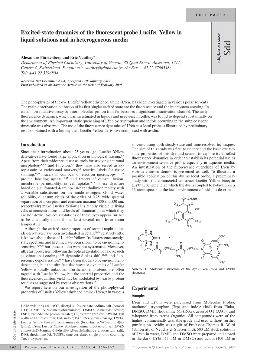 Pdf Excited State Dynamics Of The Fluorescent Probe Lucifer Yellow In Liquid Solutions And In Heterogeneous Media