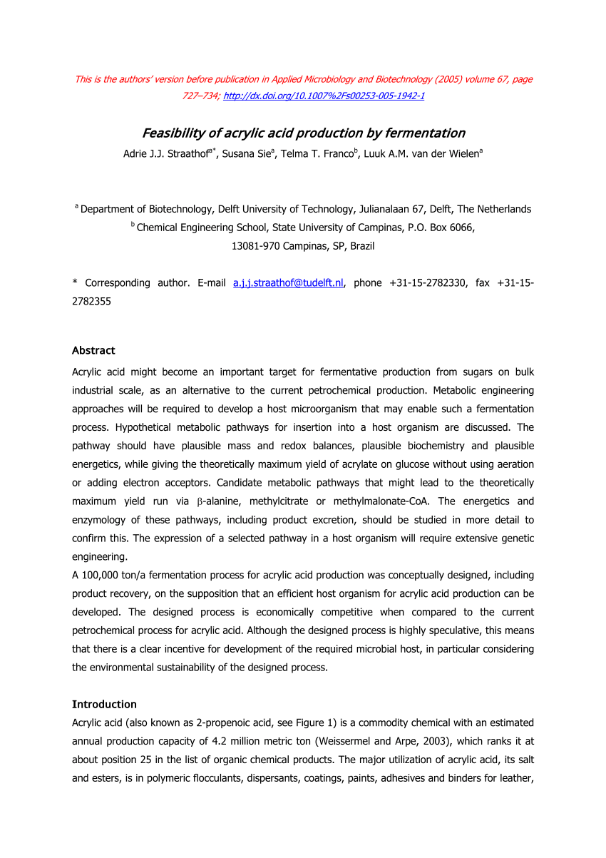 (PDF) Feasibility of acrylic acid production by fermentation