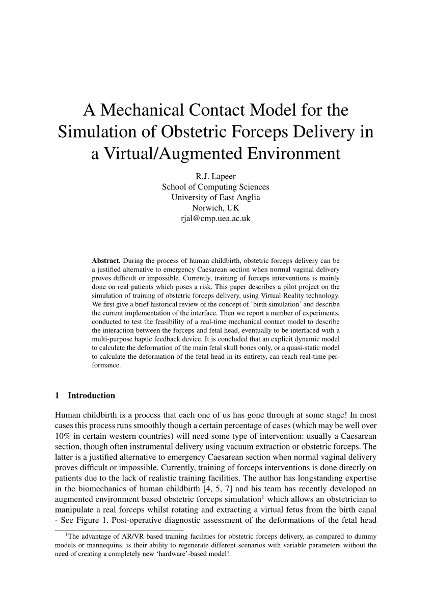PDF) A mechanical contact model for the simulation of obstetric forceps  delivery in a virtual/augmented environment