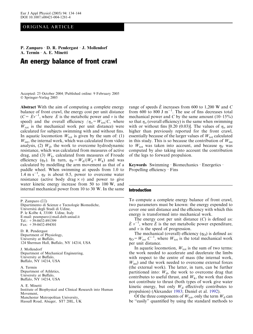 Pdf An Energy Balance Of Front Crawl