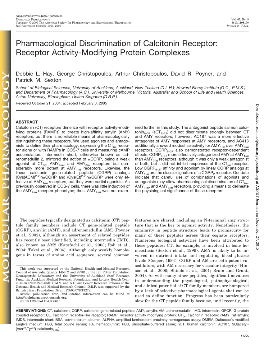 Pdf Hay Dl Christopoulos G Christopoulos A Poyner Dr Sexton Pm Pharmacological Discrimination Of Calcitonin Receptor Receptor Activity Modifying Protein Complexes Mol Pharmacol 67 1655 1665