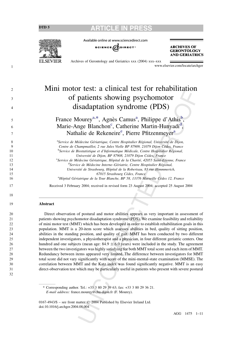 Pdf Mini Motor Test A Clinical Test For Rehabilitation Of Patients Showing Psychomotor Disadaptation Syndrome Pds