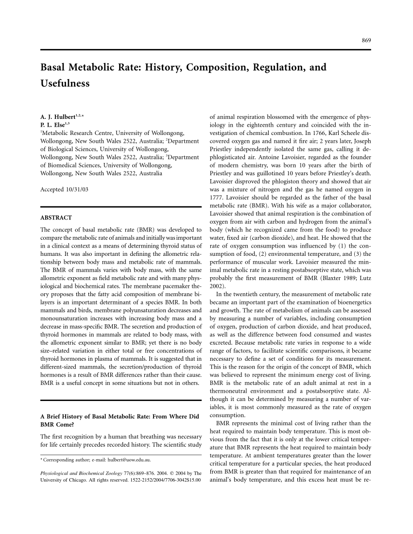 PDF) Basal Metabolic Rate: History, Composition, Regulation, and Usefulness