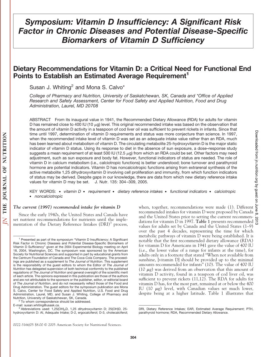 Pdf Dietary Recommendations For Vitamin D A Critical Need For Functional End Points To Establish An Estimated Average Requirement1