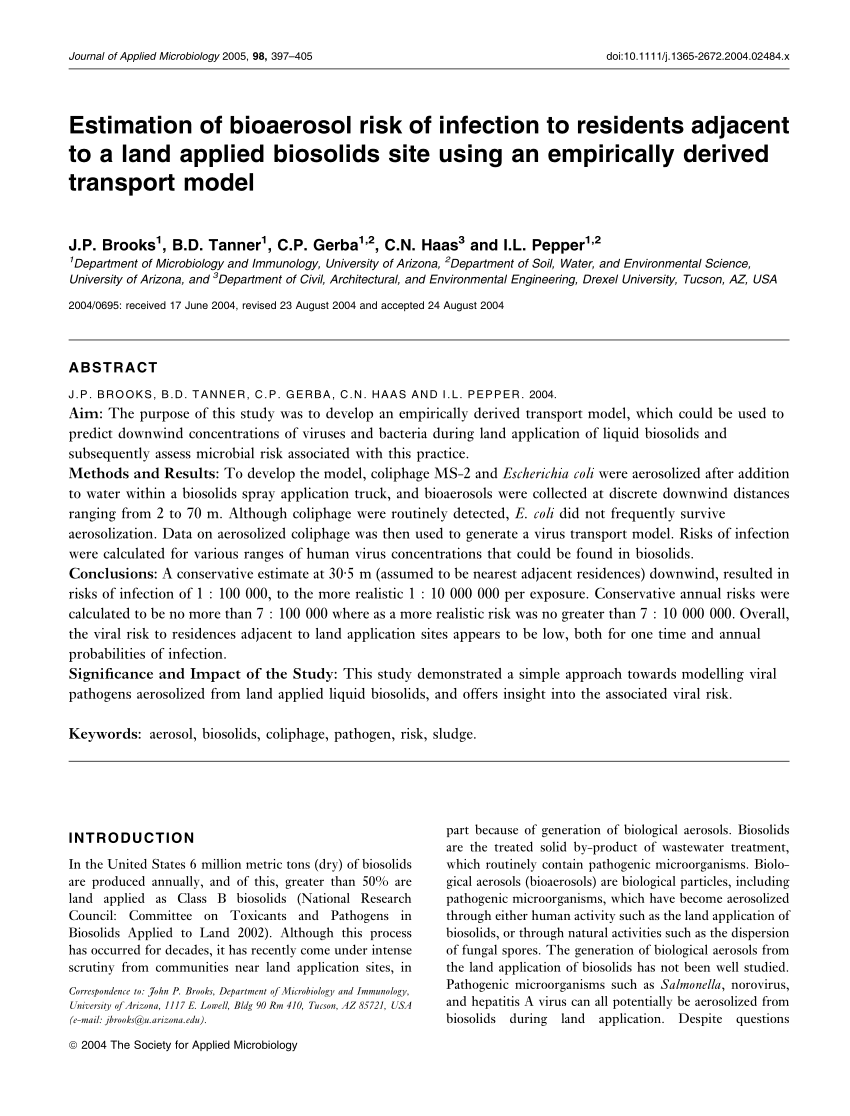 Pdf Estimation Of Bioaerosol Risk Of Infection To Residents Adjacent To A Land Applied Biosolids Site Using An Empirically Derived Transport Model