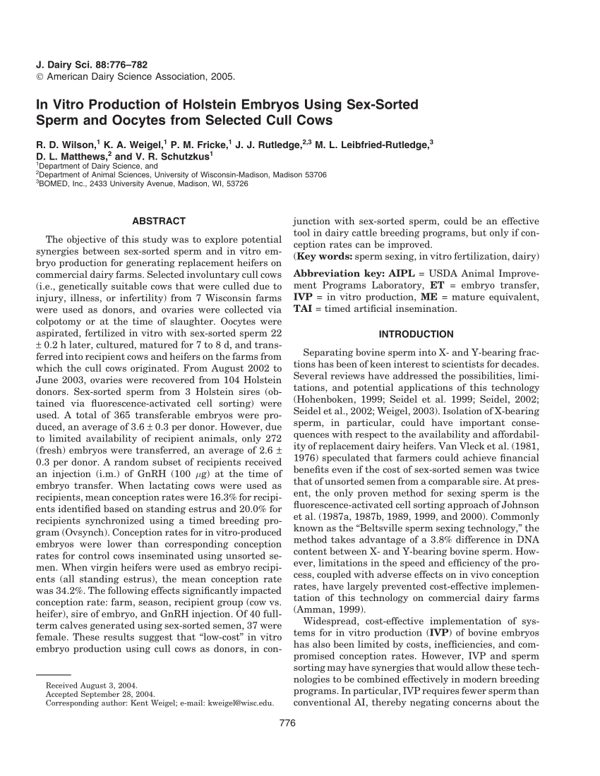 Pdf In Vitro Production Of Holstein Embryos Using Sex Sorted Sperm And Oocytes From Selected 7148