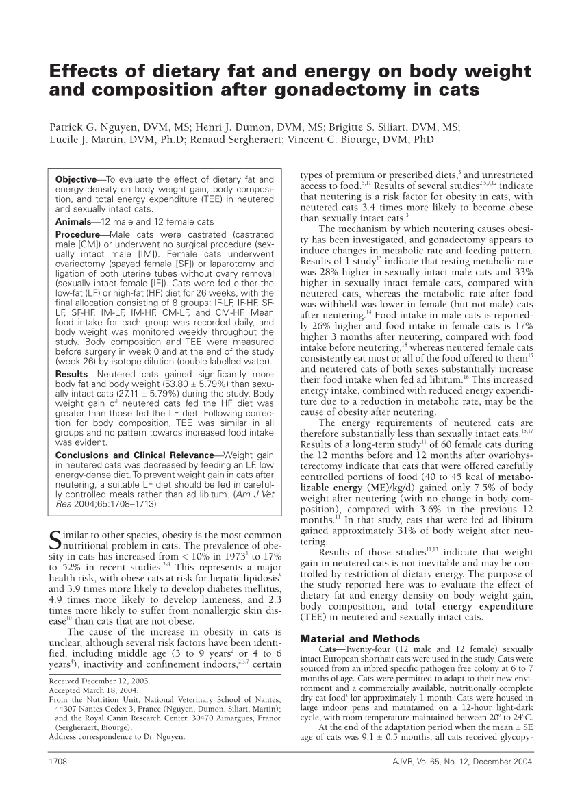 Pdf Effects Of Dietary Fat And Energy On Body Weight And Composition After Gonadectomy In Cats