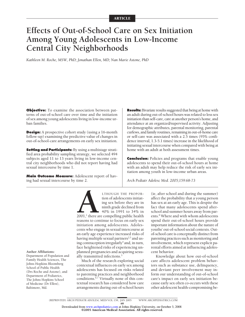 PDF) Effects of Out-of-School Care on Sex Initiation Among Young  Adolescents in Low-Income Central City Neighborhoods