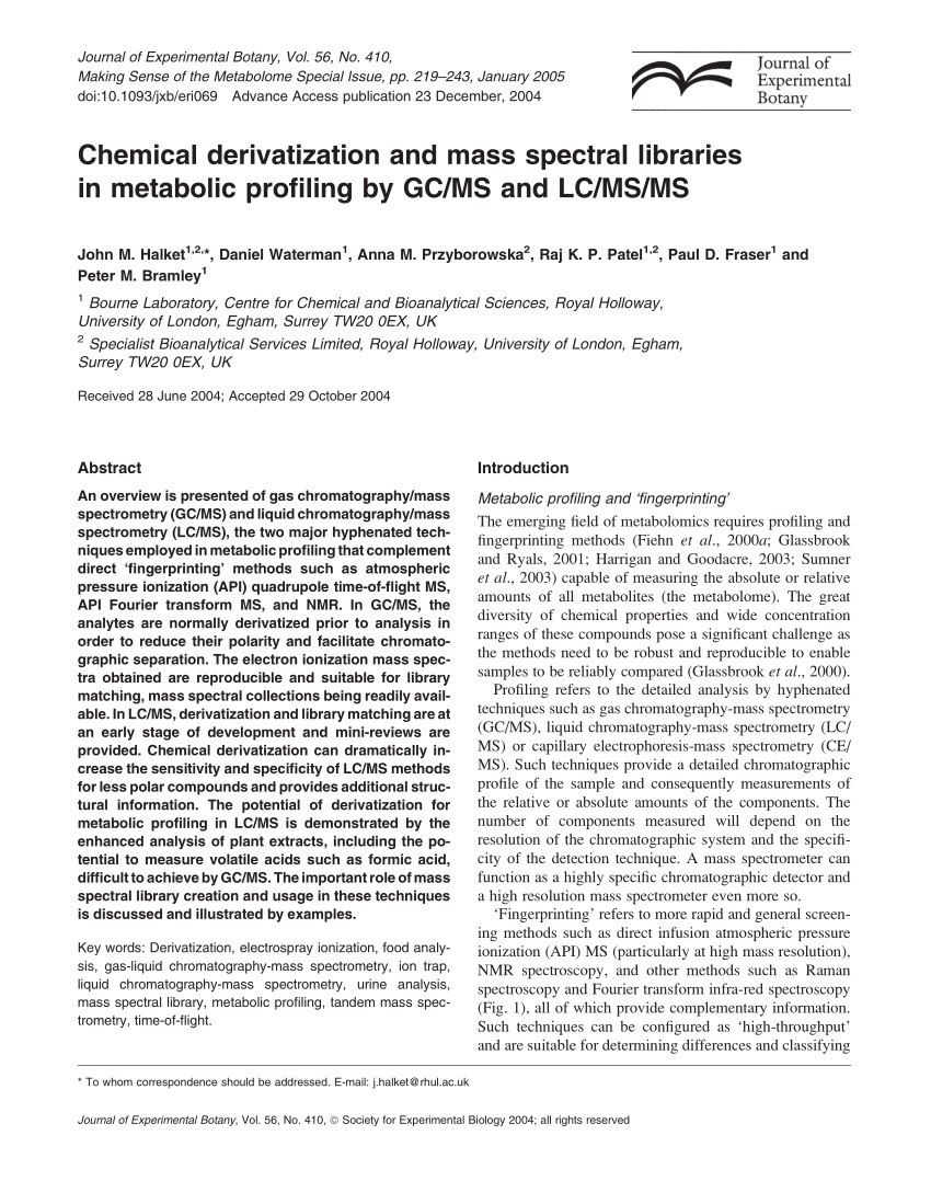 Pdf Chemical Derivatization And Mass Spectral Libraries In Metabolic Profiling By Gc Ms And Lc Ms Ms